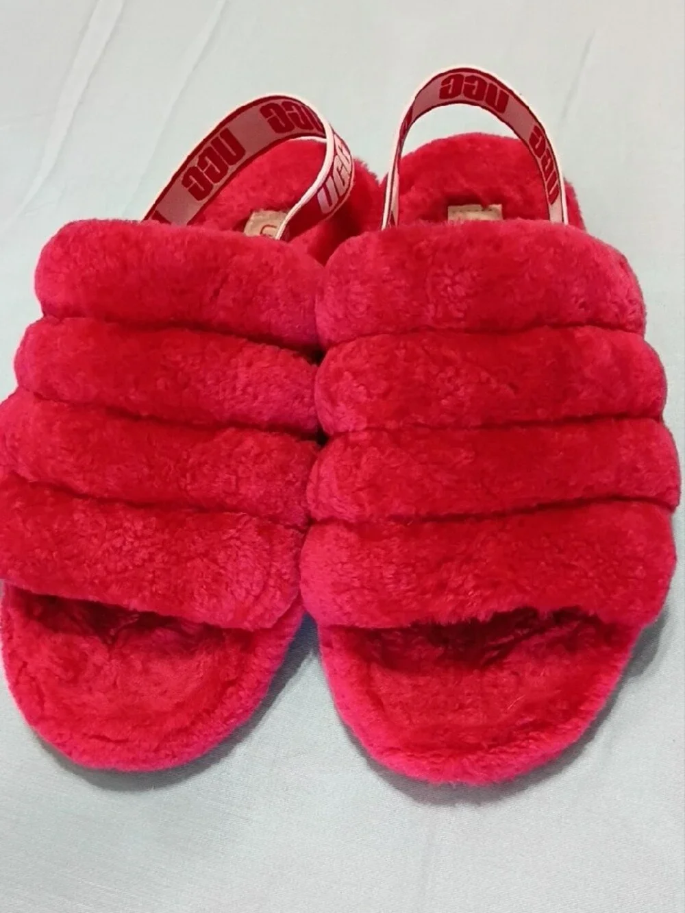 UGG Red Plush Slide Sandal with Branded Heel Strap